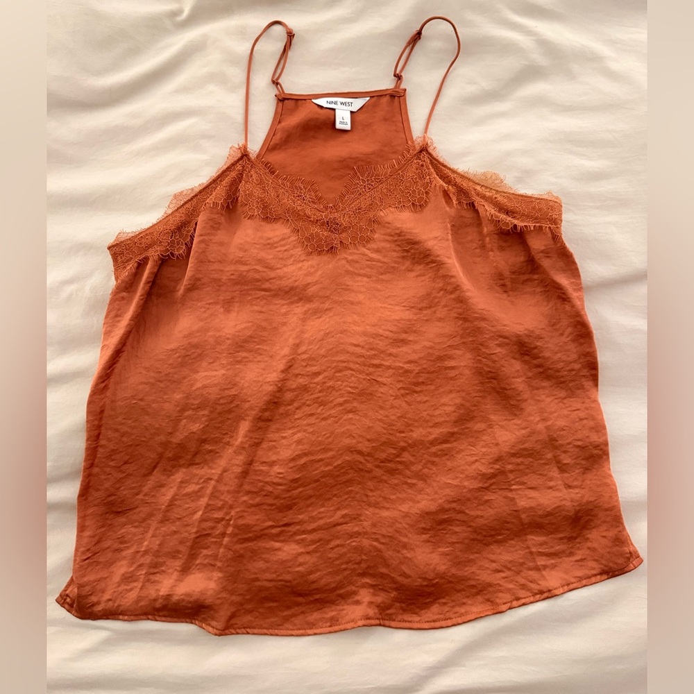 Nine West Burnt Orange Lace-Trim Spaghetti Strap Cami
